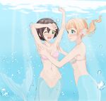  2girls ;d absurdres armpits arms_up bangs bare_shoulders bikini bikini_top_only black_hair blonde_hair blush breasts cleavage collarbone commentary_request english_commentary eyebrows_visible_through_hair green_eyes hair_between_eyes hair_ornament hair_scrunchie highres long_hair looking_at_another mermaid mixed-language_commentary monster_girl multiple_girls navel ocean one_eye_closed original pussy rinshi scrunchie short_hair sidelocks smile stomach surprised sweat swimsuit tickling trembling twintails underwater water_drop 