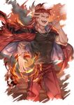  1boy absurdres alternate_costume ayacho black_shirt closed_eyes contemporary fangs feet_out_of_frame fire granblue_fantasy highres holding holding_whistle jacket jacket_on_shoulders long_hair male_focus multicolored_hair muscular muscular_male open_mouth pants red_hair red_jacket red_pants shirt smile solo teeth tongue two-tone_hair v-shaped_eyebrows volleyball whistle white_hair wilnas_(granblue_fantasy) 
