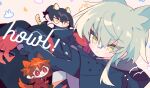  3: 3boys animal_ears aosta_(arknights) arknights black_hair black_shirt broca_(arknights) chiave_(arknights) chibi closed_mouth fox_boy fox_ears fox_tail gloves green_eyes grey_hair highres jacket multiple_boys peroppafu red_eyes red_gloves red_hair shirt short_hair tail tiger_boy tiger_ears tiger_tail upper_body wolf_boy wolf_ears yellow_eyes 