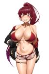  1girl absurdres bikini bikini_top_only breasts dolphin_shorts hand_on_hip heterochromia highres hololive houshou_marine jacket kevbot large_breasts long_hair looking_at_viewer narrow_waist off_shoulder red_bikini red_eyes red_hair short_shorts shorts skindentation smile swimsuit thick_thighs thigh_strap thighs virtual_youtuber white_background wide_hips yellow_eyes 