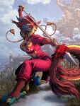  anthro asian_mythology barbel_(anatomy) black_horn blue_feet breasts building claws clenched_teeth clothing cloud countershading dragon east_asian_mythology eastern_dragon eyelashes female flesh_whiskers fluffy fluffy_tail grass hi_res horn howlite long_tail mane markings melee_weapon mythology noodle_(jestrab) plant polearm pose red_body red_clothing red_ears scales scalie sky smile snow snowing solo spear teeth teeth_showing teeth_visible weapon yellow_body yellow_claws yellow_countershading yellow_eyes yellow_inner_ear yellow_markings yellow_scales 