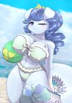  anthro ball beach big_breasts bikini blue_body blue_eyes blue_fur blue_hair book bow_tie breasts canid canine canis clothing crown curled_hair domestic_dog duel_monster fairy_tail-rella female fluffy fluffy_tail frilly frilly_clothing fur hair hi_res looking_at_viewer mammal nipple_outline one_eye_closed seaside solo swimwear wink yugioh 