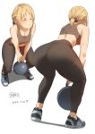  1girl ass black_sports_bra blonde_hair breasts closed_eyes closed_mouth dated girls&#039;_frontline highres leggings medium_breasts mp40_(girls&#039;_frontline) multiple_views shoes simple_background sneakers sports_bra standing triangle_bullet weightlifting white_background 