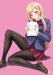  black_legwear blazer blonde_hair blue_jacket bow bowtie brown_footwear commentary_request cosplay diagonal-striped_bow diagonal-striped_skirt finalcake highres jacket kitagawa_marin komi-san_wa_komyushou_desu komi_shouko komi_shouko_(cosplay) loafers long_hair looking_at_viewer pantyhose pleated_skirt red_eyes red_skirt school_uniform shoes skirt sono_bisque_doll_wa_koi_wo_suru striped striped_bow striped_bowtie striped_skirt translation_request 