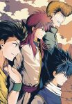  4boys absurdres black_hair brown_eyes brown_hair from_side green_eyes green_hair headband hiei_(yu_yu_hakusho) highres kurama_(yu_yu_hakusho) kuwabara_kazuma minato_x3710 multiple_boys red_hair short_hair urameshi_yusuke yu_yu_hakusho 