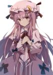  1girl bangs blue_bow bow capelet closed_mouth crescent crescent_pin dress eyebrows_visible_through_hair hair_bow hat highres long_hair long_sleeves looking_at_viewer mob_cap multiple_bows natsume_suzuri own_hands_together patchouli_knowledge pink_capelet pink_dress pink_headwear purple_eyes purple_hair red_bow sidelocks simple_background solo standing striped striped_dress touhou white_background 