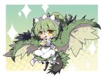  1girl :d apron bangs black_bow black_footwear black_legwear blush bow breasts brown_wings center_frills chibi commentary_request dragon_girl dragon_horns dragon_tail dragon_wings dress eyebrows_visible_through_hair frills full_body green_dress green_hair hair_between_eyes halftone halftone_background highres horns large_breasts milkpanda monster_hunter_(series) necktie pantyhose personification rathian shirt shoes short_eyebrows smile solo sparkle spikes standing standing_on_one_leg tail thick_eyebrows white_apron white_shirt wings yellow_eyes yellow_necktie 