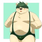  2022 anthro belly big_belly blush bulge green_hair hair hi_res humanoid_hands kemono male mammal moobs nipples overweight overweight_male simple_background solo tongue tongue_out ursid yaki_atsuage 