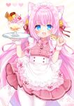  1girl :d animal_ear_fluff animal_ears apron bangs bell blue_eyes blush cat_ears cherry collared_dress commentary_request commission dress eyebrows_visible_through_hair fang food frilled_apron frills fruit hair_bell hair_between_eyes hair_ornament hair_ribbon hands_up highres holding holding_tray jingle_bell long_hair looking_at_viewer original pantyhose pink_dress pink_hair pleated_dress pudding red_ribbon ribbon shikito skeb_commission smile solo tray very_long_hair waffle white_apron white_legwear wrist_cuffs 