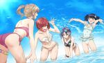  4girls aqua_eyes asakura_toru ass bikini black_hair blue_hair blue_sky brown_hair closed_eyes cloud commentary_request day dutch_angle earrings eyewear_on_head fangs flower_bracelet frilled_swimsuit frills fukumaru_koito gradient_hair halter_top halterneck highres higuchi_madoka ichikawa_hinana idolmaster idolmaster_shiny_colors itteru_biumu jewelry multicolored_hair multiple_girls navel necklace noctchill_(idolmaster) ocean one-piece_swimsuit open_mouth outdoors pink_bikini polka_dot polka_dot_swimsuit ponytail purple_eyes red_hair shallow_water short_hair skin_fangs sky splashing starfish_hair_ornament sunglasses swimsuit thighs twintails water white_bikini ytterbium169 