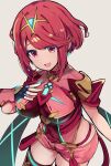  1girl bangs black_gloves breasts chest_jewel earrings fingerless_gloves gem gloves headpiece highres hirotaka_(hrtk990203) jewelry large_breasts pyra_(xenoblade) red_eyes red_hair red_legwear red_shorts short_hair short_shorts shorts solo swept_bangs thighhighs tiara xenoblade_chronicles_(series) xenoblade_chronicles_2 