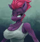  2022 absurd_res anthro big_breasts breasts broken_horn bulging_breasts bust_portrait clothing equid equine eye_scar eyebrows eyelashes facial_scar female friendship_is_magic fur hi_res horn looking_at_viewer mammal muscular muscular_female my_little_pony my_little_pony:_the_movie_(2017) nipple_outline portrait purple_body purple_fur ryanmandraws scar shirt solo tank_top tempest_shadow_(mlp) topwear unicorn 