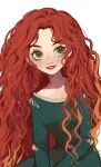  1girl big_eyes collar curly_hair disney dress frilled_collar frills gradient_hair green_dress green_eyes highres long_dress long_hair long_sleeves merida_(brave) multicolored_hair orange_hair princess red_hair red_lips solo sparkle teenage xieyanbbb 