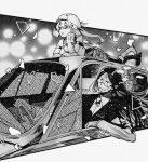  1boy 1girl artoria_caster_(fate) artoria_caster_(first_ascension)_(fate) artoria_pendragon_(fate) car closed_mouth driving fate/grand_order fate_(series) ground_vehicle hat highres kabe43 lying motor_vehicle on_stomach paripi_koumei parody smoking the_pose waver_velvet window 