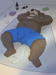  2022 anthro brown_body bulge clothing detailed_background hi_res humanoid_hands kemono kenjn lying male mammal overweight overweight_male sleeping solo underwear ursid 