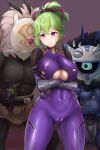  1girl 2boys ^^^ absurdres akiyama_rinko akiyama_rinko_(cosplay) arms_under_breasts bangs blush bodysuit breasts cameltoe closed_mouth cosplay covered_collarbone covered_navel cowboy_shot crossed_arms eggplant english_commentary fishnet_bodysuit fishnets food genshin_impact gloves green_hair hair_between_eyes highres hilichurl_(genshin_impact) holding holding_food holding_vegetable kanoko2.0 kuki_shinobu large_breasts loincloth mask multiple_boys ponytail purple_bodysuit purple_eyes purple_rope rope saliva sexually_suggestive sidelocks simple_background skin_tight standing sweat taimanin_(series) taimanin_suit trembling underboob vegetable 