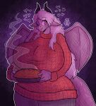  &lt;3 absurd_res anthro big_breasts breasts clothing dessert dragon english_text female food hi_res huge_breasts membrane_(anatomy) membranous_wings one_eye_closed pie shyghost solo sweater text topwear wings wink 