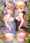  2girls :o ass asymmetrical_docking babydoll back bangs bare_arms bare_shoulders black_panties blonde_hair blue_panties blurry blurry_foreground blush bow breast_press breasts brown_hair cowboy_shot cross-laced_clothes eyebrows_visible_through_hair flower forest frills from_behind hair_bow hair_ornament hair_over_one_eye hair_scrunchie highres lace_trim long_bangs long_hair looking_at_viewer looking_back medium_breasts multiple_girls nape nature nightgown open_mouth original outdoors panties partially_submerged ponytail purple_eyes red_eyes scrunchie shade shiny shiny_hair shiny_skin shoulder_blades sideboob sidelocks strap_gap sunlight surprised swept_bangs twintails underwear wading wanderlucia wet wet_clothes 