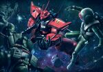  3boys floating gelgoog_jager gundam gundam_0080 helmet hiropon_(tasogare_no_puu) mecha mobile_suit multiple_boys one-eyed pilot_suit science_fiction space visor zaku_ii_fz_kai zeon 