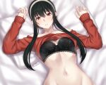  1girl absurdres bed_sheet black_bra black_hair blush bra breasts clothes_lift hairband highres kumapako long_sleeves looking_at_viewer lying navel on_back parted_lips pillow red_eyes red_sweater shirt_lift sidelocks solo spy_x_family stomach sweater underwear upper_body yor_briar 