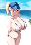  1girl absurdres arms_behind_back artoria_pendragon_(fate) beach bikini blonde_hair blue_headwear blush breasts cleavage closed_mouth collarbone cowboy_shot deefourcee fate/grand_order fate_(series) hat highres large_breasts looking_at_viewer medium_hair mysterious_heroine_x_(fate) navel ocean outdoors ponytail sideboob smile swimsuit thighs water white_bikini 