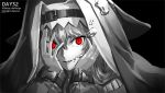  1girl arknights black_background habit hands_on_own_cheeks hands_on_own_face highres long_hair long_sleeves looking_at_viewer makkuro monochrome nun parted_lips red_eyes simple_background solo specter_(arknights) spot_color 