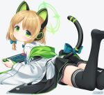  bangs black_legwear black_shorts blonde_hair blue_archive blue_bow blue_necktie blush bow cat_ear_headphones cat_tail commentary_request dot_mouth dot_nose eyebrows_visible_through_hair green_eyes halo headphones jacket kei_kei long_sleeves looking_at_viewer looking_back lying midori_(blue_archive) necktie nintendo_switch no_shoes on_stomach over_shoulder playing_games shirt short_hair shorts sidelocks tail thighhighs thighs white_background white_jacket white_shirt wide_sleeves 