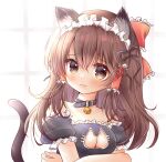  1girl alternate_costume animal_ear_fluff animal_ears backlighting bangs bell bloom blush breasts brown_eyes brown_hair cat_cutout cat_ears cat_lingerie cat_tail cleavage_cutout clothing_cutout collar commentary_request enmaided eyebrows_visible_through_hair frills hair_between_eyes hakurei_reimu indoors jingle_bell kemonomimi_mode light_frown long_hair looking_at_viewer maid maid_headdress meme_attire overexposure puffy_short_sleeves puffy_sleeves short_sleeves solo tail touhou upper_body window yuzuki_(manabi0214) 