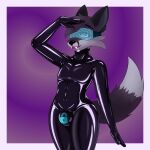  anthro bodily_fluids bulge canid canine digital_media_(artwork) drooling fox hi_res hypnosis hypnotic_visor latex male mammal mind_control open_mouth rubber saliva simple_background smile solo submissive visor 