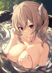  1girl :o absurdres alternate_breast_size bangs barbara_(genshin_impact) bathing blush breasts brown_hair cleavage collarbone completely_nude day eyebrows_visible_through_hair genshin_impact hand_on_own_chest highres large_breasts long_hair looking_at_viewer memekko nipples nude onsen outdoors parted_lips partially_submerged purple_eyes solo sunlight twintails upper_body water wet wet_hair 