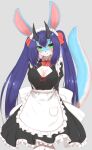  2022 absurd_res anthro apron blue_body blue_fur blush breasts cleavage clothed clothing cute_fangs dragon female frilly frilly_clothing fur furred_dragon green_eyes hair hi_res horn horokusa0519 kemono looking_at_viewer maid_apron maid_headdress maid_uniform multicolored_body multicolored_fur portrait pupils purple_hair slit_pupils solo three-quarter_portrait twintails_(hairstyle) two_tone_body two_tone_fur uniform white_body white_fur 