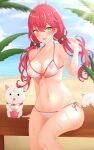  1girl 35p_(sakura_miko) absurdres ahoge bangs beach bikini blush breasts cleavage eyebrows_visible_through_hair eyes_visible_through_hair green_eyes highres hololive large_breasts long_hair looking_at_viewer multicolored_hair nail_polish open_mouth pink_hair pink_nails sakura_miko shinigami_kiraki side-tie_bikini smile solo streaked_hair swimsuit twintails virtual_youtuber water wet white_bikini 