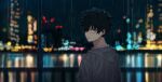  1boy black_hair blurry blurry_background bokeh boku_no_hero_academia building depth_of_field empty_eyes freckles green_eyes grey_hoodie hair_over_one_eye hood hoodie letheyori looking_at_viewer looking_back male_focus messy_hair midoriya_izuku night night_sky one_eye_covered outdoors railing rain short_hair sky solo twitter_username upper_body water_drop watermark wet wet_clothes wet_hair wide_shot 