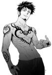  1boy abs black_hair breast_tattoo earrings happy highres jewelry looking_at_viewer middle_finger monochrome mrs.custard navel nipples one_piece short_hair signature simple_background smile solo standing tattoo trafalgar_law white_background 