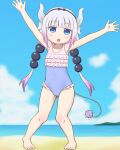  1girl absurdres armpits arms_up ass_visible_through_thighs barefoot beach beads blue_eyes blue_swimsuit casual_one-piece_swimsuit dragon_girl dragon_horns feet green_bell_(yksk042) grey_hair hair_beads hair_ornament hairband highres horns kanna_kamui kobayashi-san_chi_no_maidragon legs long_hair low_twintails ocean one-piece_swimsuit open_mouth outdoors ribbon solo swimsuit tail thighs toes twintails 