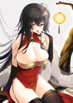  1girl absurdres ahoge arm_support azur_lane bangs bare_shoulders black_hair black_legwear breasts bursting_breasts china_dress chinese_clothes cleavage cleavage_cutout clothing_cutout crossed_bangs dated dress elbow_gloves eyebrows_visible_through_hair fishnet_legwear fishnets gloves hair_between_eyes hair_ornament head_tilt highres hoerutarou indoors lantern large_breasts licking licking_finger long_hair looking_at_viewer low_neckline official_alternate_costume one_side_up paper_lantern pelvic_curtain print_dress red_dress red_eyes signature sitting skindentation sleeveless sleeveless_dress solo taihou_(azur_lane) taihou_(phoenix&#039;s_spring_song)_(azur_lane) tassel thighhighs thighs tongue tongue_out very_long_hair 