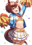  1girl ;d amano_kusatsu animal_ears arm_up belt blue_jacket breasts brown_eyes brown_hair cheerleader cowboy_shot crop_top highres holding horse_ears horse_girl horse_tail jacket long_hair long_sleeves looking_at_viewer midriff miniskirt navel nice_nature_(run&amp;win)_(umamusume) nice_nature_(umamusume) one_eye_closed open_clothes open_jacket open_mouth pleated_skirt pom_pom_(cheerleading) ponytail shirt skirt small_breasts smile solo stomach tail thigh_strap umamusume white_shirt white_skirt 