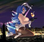  1girl absurdres aircraft animal_ears artist_name black_gloves black_legwear blue_eyes breasts building city city_lights cityscape cocktail cocktail_glass commission cup detached_collar drinking_glass eudetenis fake_animal_ears fake_tail giant giantess girls&#039;_frontline gloves helicopter high_heels highres holding holding_tray large_breasts leotard lighthouse long_hair looking_at_viewer night night_sky ocean official_alternate_costume pantyhose playboy_bunny rabbit_ears rabbit_tail second-party_source seiza side-tie_leotard sideboob sitting sky skyscraper solo strapless strapless_leotard tail tar-21_(girls&#039;_frontline) tar-21_(night_at_the_bar)_(girls&#039;_frontline) tray very_long_hair white_footwear white_leotard wrist_cuffs yellow_eyes 