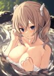  1girl :o absurdres alternate_breast_size bangs barbara_(genshin_impact) bare_shoulders bathing blush breasts brown_hair cleavage collarbone day eyebrows_visible_through_hair genshin_impact hand_on_own_chest highres large_breasts long_hair looking_at_viewer memekko naked_towel onsen outdoors parted_lips partially_submerged purple_eyes solo sunlight towel twintails upper_body water wet wet_hair 