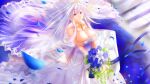  1girl absurdres azur_lane bare_shoulders belfast_(azur_lane) belfast_(the_pledge_of_claddagh)_(azur_lane) bouquet braid breasts bridal_veil bride chain cleavage dress flower french_braid from_above gold_chain highres holding holding_bouquet huge_breasts long_dress long_hair looking_at_viewer looking_up official_alternate_costume petals purple_eyes purple_flower see-through see-through_dress silver_collar smile solo strapless strapless_dress v_arms veil wedding_dress wesaki_leona white_flower white_hair 