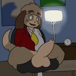  animal_crossing anthro balls big_balls big_penis blush brown_body brown_fur brown_hair canid canine canis chair clock clothed clothing desk digby_(animal_crossing) domestic_dog eyebrows foreskin fur furniture genitals hair hands_behind_back hi_res jesterokoo lamp looking_at_viewer male mammal necktie nintendo open_mouth partially_clothed penis presenting presenting_penis raised_eyebrows shih_tzu shirt sitting smile solo spread_legs spreading suit_jacket table teeth tongue topwear toy_dog video_games white_eyes 