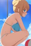  1girl :o absurdres ball beachball bikini birthday blend_s blonde_hair blue_eyes blush breasts double_bun eyebrows_visible_through_hair feet_out_of_frame from_side hanging_breasts happy_birthday highres hinata_kaho large_breasts leaning_forward looking_at_viewer ocean open_mouth poa_mellhen profile shade sideboob sidelocks sideways_glance sky solo squatting string_bikini swimsuit tareme underboob 