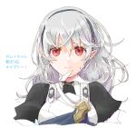  1girl armor bangs black_shirt breastplate closed_mouth corrin_(fire_emblem) corrin_(fire_emblem)_(female) cropped_torso curly_hair fire_emblem fire_emblem_fates grey_hair grey_hairband hair_between_eyes hairband long_hair looking_at_viewer pointy_ears red_eyes robaco shiny shiny_hair shirt simple_background smile solo upper_body white_background 