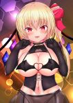  1girl black_gloves blonde_hair blush breasts cowboy_shot elbow_gloves eyebrows_visible_through_hair fangs flandre_scarlet garter_belt garter_straps gloves hair_between_eyes heart highres huge_breasts kurenai_(anohitop) lingerie long_hair looking_at_viewer multicolored_wings navel nipples open_mouth orange_background red_eyes shiny shiny_hair side_ponytail solo touhou underwear wings 