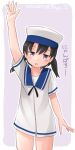  1girl black_hair blue_collar blue_sailor_collar collar commentary_request dress grey_background hand_up hat kantai_collection one-hour_drawing_challenge purple_eyes ray.s sailor_collar sailor_dress sailor_hat short_hair short_sleeves shounan_(kancolle) solo twintails white_dress white_headwear 