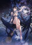  1girl arm_up artist_name atdan bangs bare_legs bare_shoulders barefoot bird black_hair blue_dress blue_eyes blue_hair breasts breasts_apart crow dress eyebrows_visible_through_hair feathered_wings full_body highres in_tree large_breasts long_hair looking_at_viewer multicolored_hair original parted_lips sitting sitting_in_tree soles solo streaked_hair toes tree very_long_hair wings 
