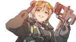  1girl bangs black_choker black_gloves black_jacket blush bullpup choker commission cup double_bun eyebrows_visible_through_hair eyewear_on_head fingerless_gloves gas_mask girls&#039;_frontline gloves gun holding holding_cup jacket light_brown_hair looking_at_viewer mask open_mouth p90 p90_(girls&#039;_frontline) pixiv_request red_eyes salute short_hair smile solo submachine_gun sunglasses teeth_hold triangle_bullet upper_body weapon white_background 