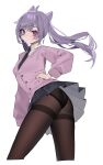  1girl bebe_pp black_legwear black_necktie black_panties cardigan double_bun genshin_impact hair_bun hand_on_hip highres keqing_(genshin_impact) long_sleeves looking_at_viewer miniskirt necktie panties pantyhose pink_cardigan pleated_skirt purple_eyes purple_hair school_uniform see-through see-through_legwear simple_background skirt solo twintails underwear upskirt white_background 