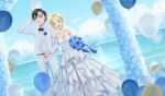  1boy 1girl :d ajiro_shinpei balloon bare_shoulders belt black_bow black_eyes black_hair blonde_hair blue_eyes blue_sky bouquet bow breasts bride cleavage dress elbow_gloves formal gloves groom hetero highres holding holding_bouquet kofune_ushio locked_arms long_sleeves ocean outdoors sky smile standing suit summertime_render wedding_dress white_dress white_suit xvvstring 