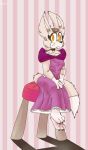  anthro black_claws breasts canid canine cinnamon_appul claws clothed clothing collar dipstick_tail dress fangs female fennec fox fur furniture hi_res mammal markings pattern_background purple_clothing purple_dress simple_background sitting small_breasts solo spritecranbirdie stool striped_background tail_markings whiskers 